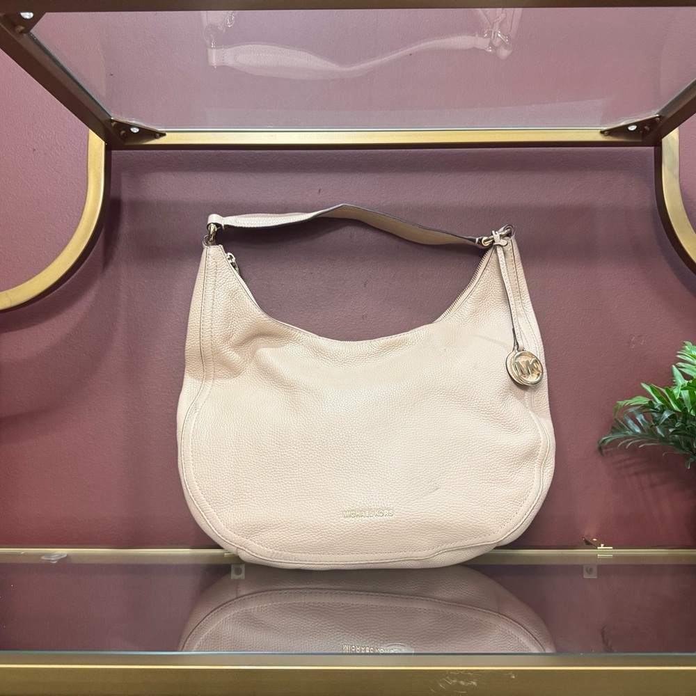 Michael Kors Lydia Pebbled Leather Chain Shoulder Hobo Bag Blush Beige